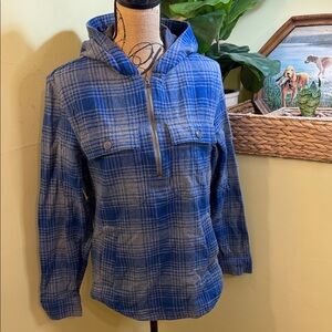 L.L. Bean Blue and Gray Plaid Hooded Half-Zip Jacket